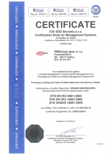 Certifikát systému manažérstva BOZP OHSAS 18001:1999