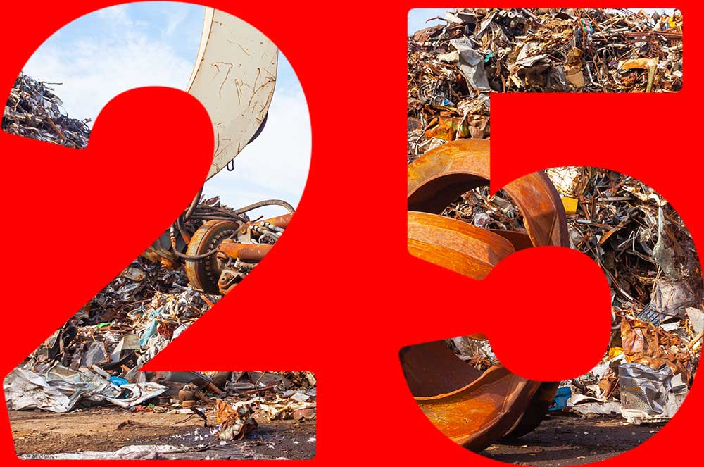 Číslo 25 vytvorené z fotografie kovového odpadu