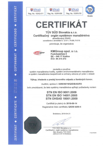 Certifikát systému environmentálneho manažérstva ISO 14001:2005 Certifikát systému environmentálneho manažérstva ISO 14001:2005